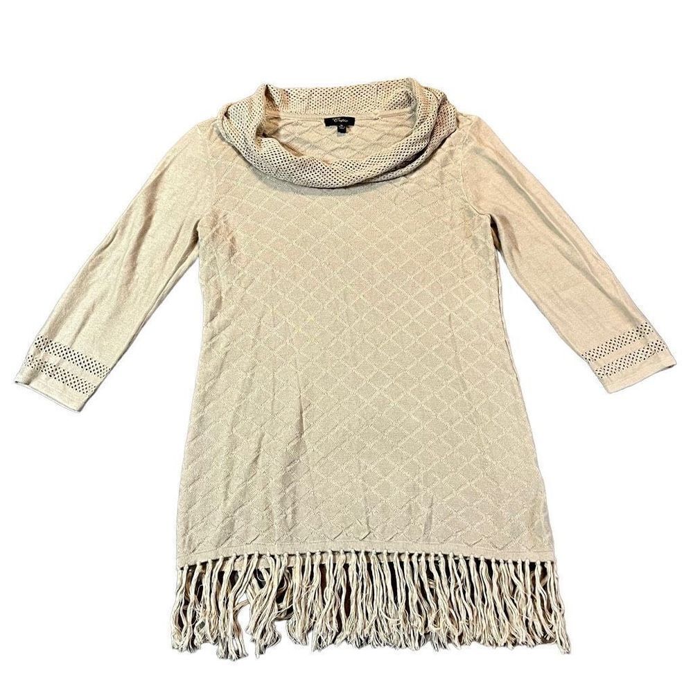 Cupio Women’s Tan Knit Tunic Tassel Bottom Cowl Neck Medium